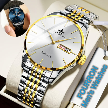 An Ideal Choice For A New FOURRON Brand Men's Luxury Stainless Steel Strap Simple Dial Quartz Watch With Date Calendar, Trendy Fashion Sports Casual Lifestyle Travel Multi-function Watch, Ideal For Friends' Birthdays, Holiday