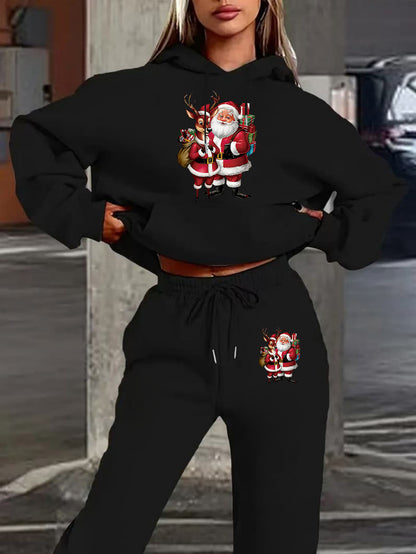 Women's winter clothing Santa Claus printed Women's velvet hooded sweater set