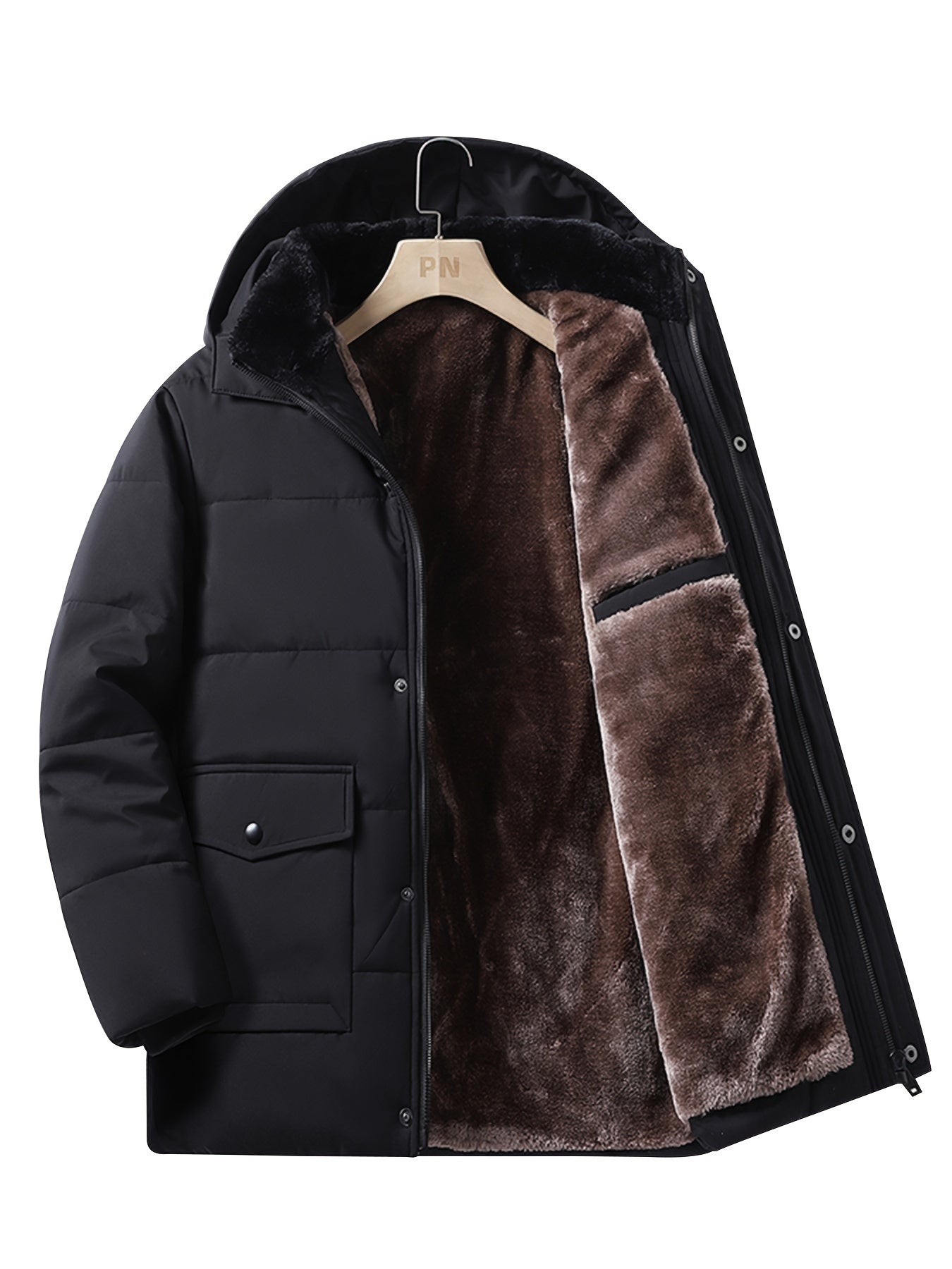 Men's Heavy-Duty Winter Hooded Jacket with Fur-Like Collar & Pockets - Navy Blue/Brown Coat, Golden-Tone Zipper Closure, -Filled Casual Outerwear for Cold Weather (Hand Wash/Dry Clean)