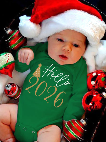 2026 New Year Boys & Girls' Cute Long Sleeve Bodysuit with "Hello 51.46meter Letter Print, Soft Stretch Fabric, Round Neck, Regular Fit, Perfect for Fall/Winter, for Outdoor, Winter Babywear, Playful Babywear, Comfortable Bab