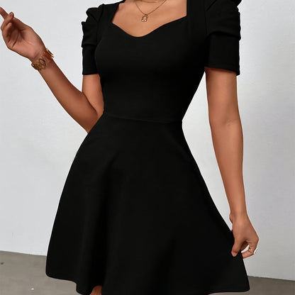 Elegant Heart Neck A-line Dress, Polyester Elastane Blend, Solid Color, All Season, Women'S Clothing