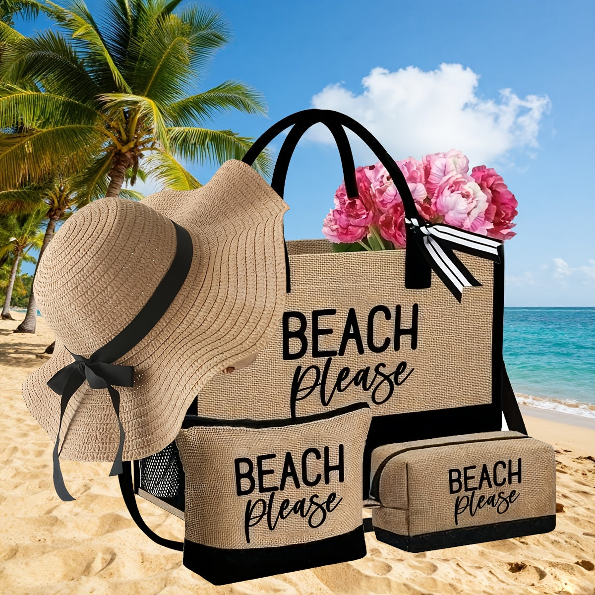 Women's Beach Tote Bag with 'Beach Please' Print - Large Capacity