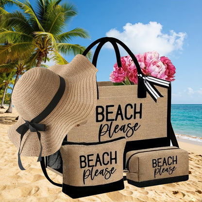 Women's Beach Tote Bag with 'Beach Please' Print - Large Capacity