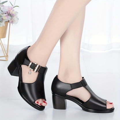 Elegant Women'S Open-Toe Chunky Heel Shoes - Comfortable Mid-Height with Golden Buckle Strap, Breathable Cut-Out Design, Shock-Absorbing Insole  Durable Rubber Sole for Summer Casual  Formal Occasions, High Heel Footwear, D
