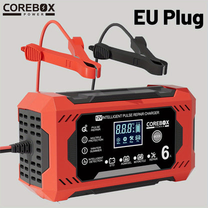 COREBOX EU Plug 12V 6A Smart Battery Trickle Charger 12V Battery Maintainer Battery Charger with LCD Display for Car Truck Motorcycle Lawn Mower Marine Lead Acid Charge, Without Battery