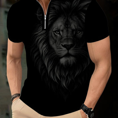 Men's Zip Shirt Short Sleeve Summer Trendy Lion Print Collar T-Shirt Business Casual Slim Fit Men's Top Women's Clothing - ayq