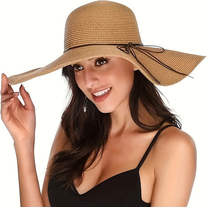 Women’s Wide Brim Straw Sun Hat with Bowknot for Summer
