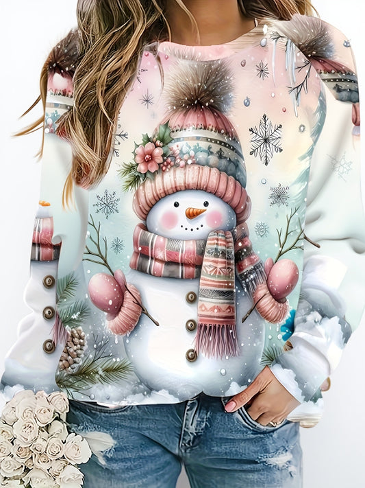 Women's Cozy Christmas Snowman Print Sweatshirt - Cute Pink Sweater with Collar & Raglan Sleeves, Soft Polyester-Spandex Blend Pullover for Winter Parties, Casual Holiday Sweater (Machine Washable)