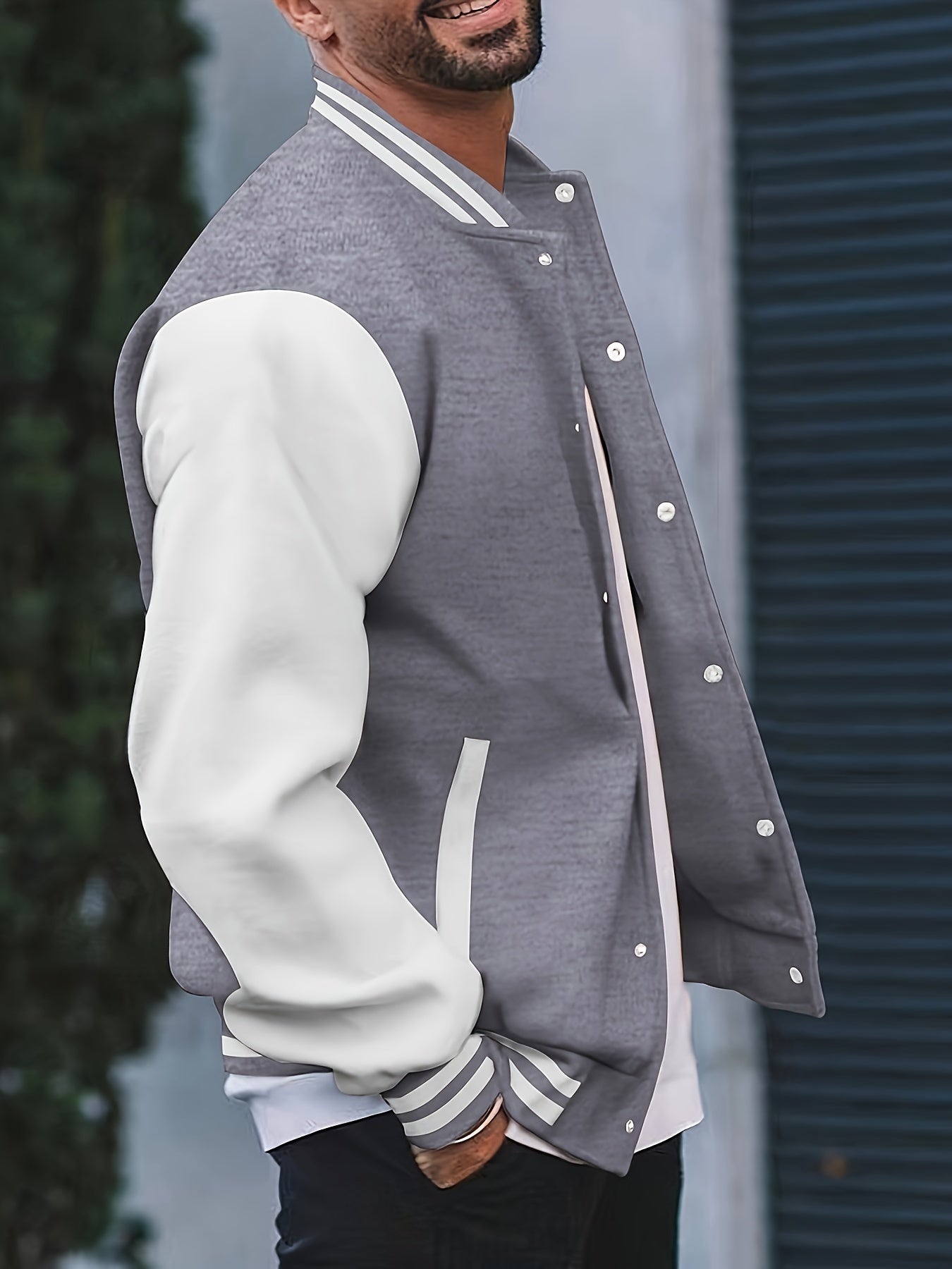 [Bold Design] Men's Stylish Black & White Varsity Jacket - Casual Baseball Coat with Pockets, Button-Up Front, Long Sleeve, Polyester Blend, Perfect for Fall & Winter, Casual Sportswear | Casual Fashion Jacket | Cotton Comfor