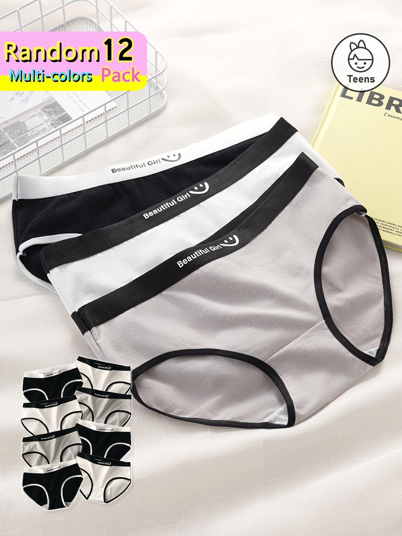 12-Pack Girls' Mid-Rise Cotton-Blend Briefs with Letter Print
