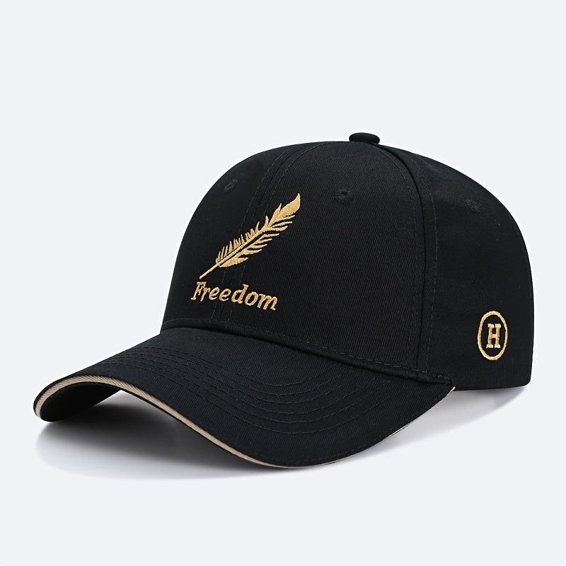 Men's Adjustable Baseball Cap with Feather & Freedom Embroidery - All-Season, Sun Protection, Black Washed Polyester, Sun Visor, Outdoor Sports, Perfect Choice