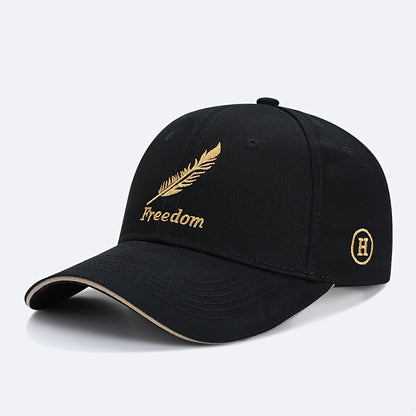 Men's Adjustable Baseball Cap with Feather & Freedom Embroidery - All-Season, Sun Protection, Black Washed Polyester, Sun Visor, Outdoor Sports, Perfect Choice