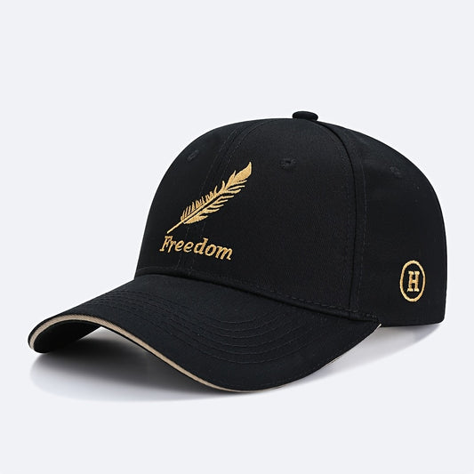 Men's Adjustable Baseball Cap with Feather & Freedom Embroidery - All-Season, Sun Protection, Black Washed Polyester, Sun Visor, Outdoor Sports, Perfect Choice