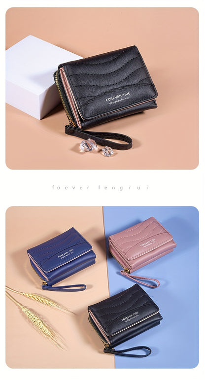 2024 New Women'S Short Wallet, Korean Style Zippered Coin Purse, Simple Design, Tri-Fold Multifunctional Faux Leather Card Holder.
