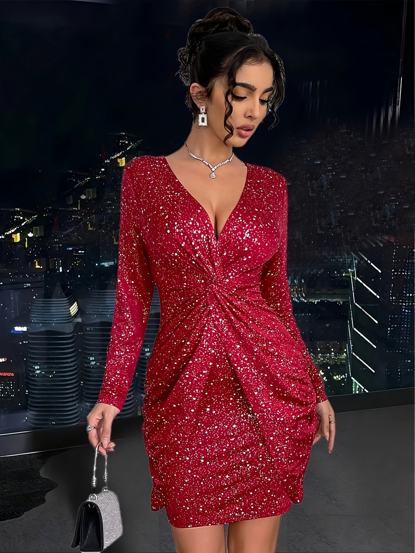Women'S Elegant V-Neck Long Sleeve Dress with Twist Detail - Sparkling Party & Formal Dress, Stretchy Fitted Fabric, Flattering Bodycon Silhouette for Evening Events, Office, Wedding - Spring/Fall/Summer Fashion, Cute Dresses
