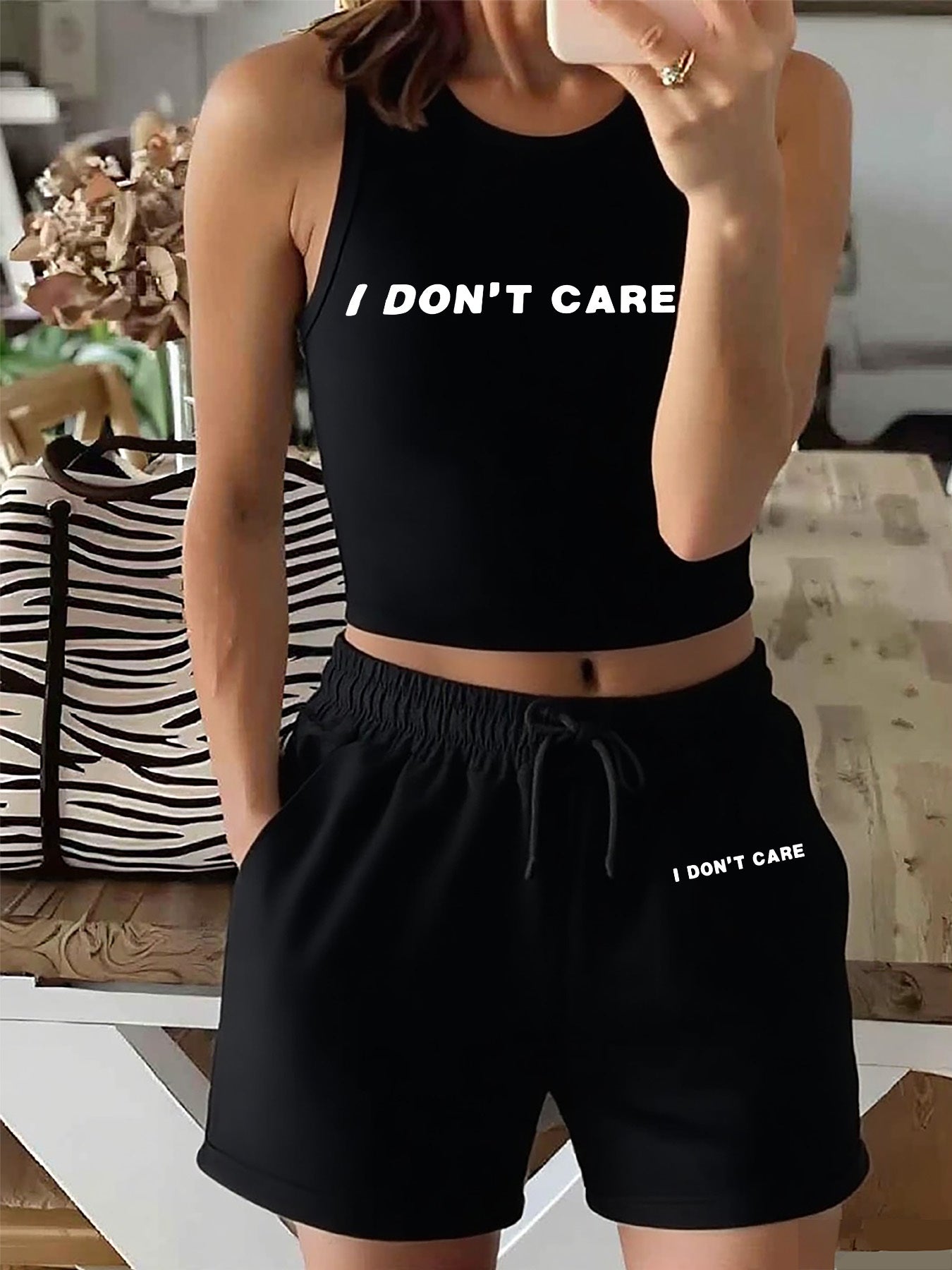 Women's Casual Vest and Shorts Set with Drawstring Pockets