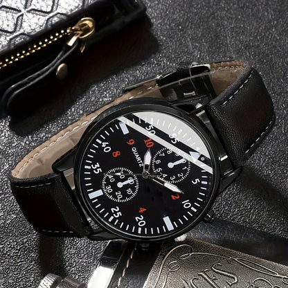 5 հատ տղամարդու քվարցային ժամացույցների հավաքածու, որը ներառում է նվերի տուփ, ժամացույց, գոտի, դրամապանակ, բանալիի շղթա և ակնոց, հիանալի է նվերի համար։