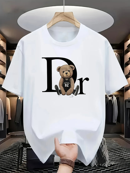 Men's Casual Short Sleeve T-Shirt with Playful DR  Teddy Bear Graphic Print - Lightweight Summer Round Neck Tee, Machine Washable Regular Fit for Casual Attire, Relaxed Style, Bold Design, Durable Construction, Printed Shirt