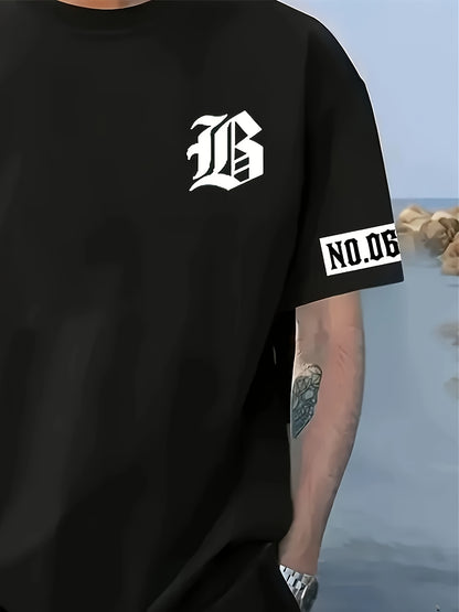 Men's Casual T-Shirt and Shorts Set with Bold "B" Print - Polyester Knit Fabric, Machine Washable, Summer Streetwear, Perfect for Outdoor Activities and Comfortable Leisure Wear