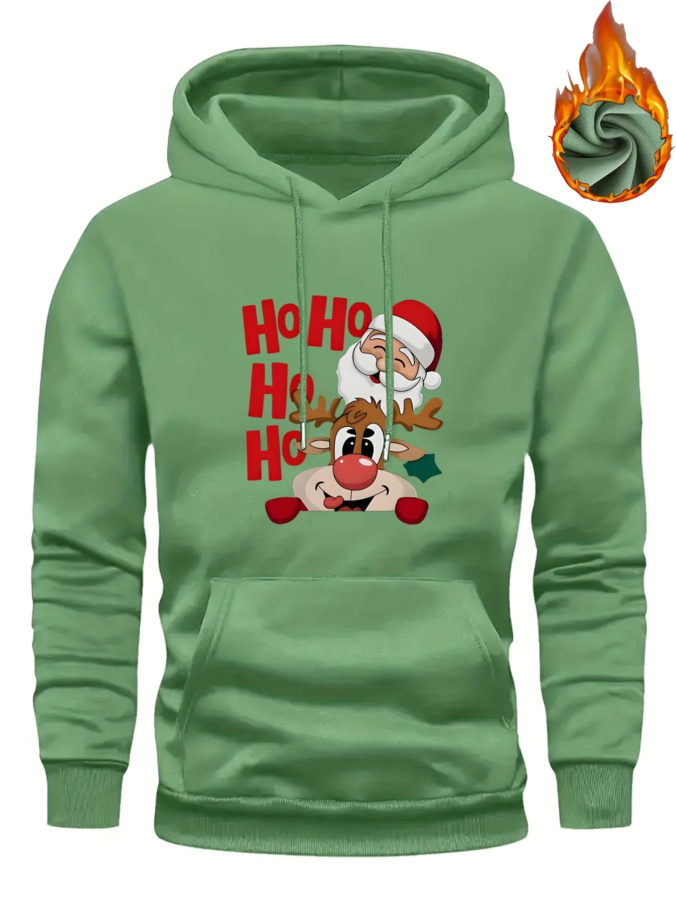 Men's Christmas Hooded Sweatshirt with Rudolph & Santa Print - Thickened Winter Pullover Hoodie, Warm Long Sleeve Casual Sweater for Skiing, Parties, Team Events - Machine Washable (Couple Matching, Unisex Style)