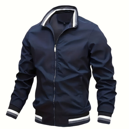 Lightweight And Trendy Men's Long Sleeve Zipper Jacket With Stand Collar, Pockets And Stripe Pattern Pieces, Suitable For Spring And Autumn Outdoors Activities