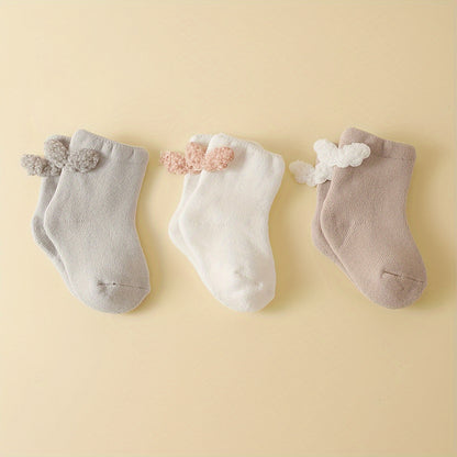 3 Pairs Cozy Terrycloth Cartoon Youngsters Socks - Thick Mid-Calf, Candy Colors (White, Pink, Light Gray), Soft & Warm for Autumn/Winter, Hand Wash Only, Youngsters Socks