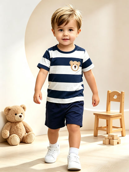 Boys Summer Casual Blue White Stripe Short Sleeve T-Shirt & Shorts Set