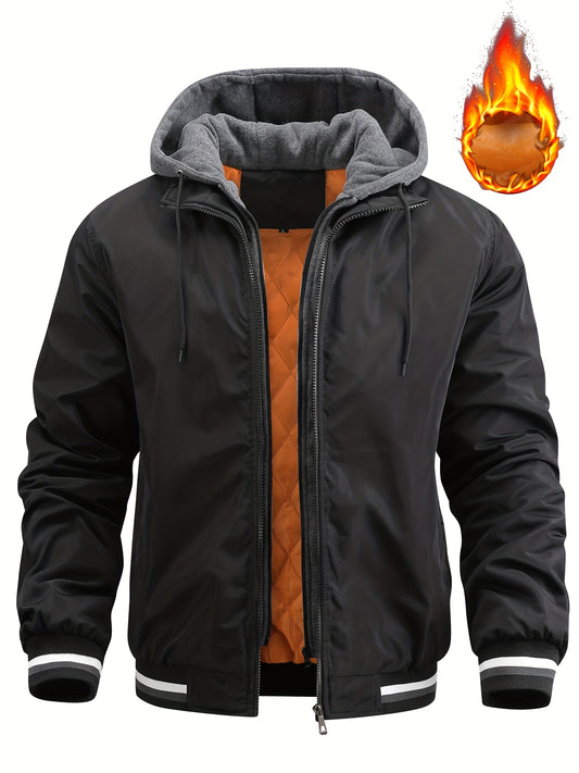 Տղամարդու ձմեռային բաճկոն՝ հանվող գլխարկով - տաք բրդյա ծածկույթով, կայծակաճարմանդով վերարկու և նարնջագույն հակապատկեր դիզայնով, պոլիեսթերային ծածկույթ, սովորական չափս՝ ցուրտ եղանակի համար, առօրյա վերնազգեստ, ամուր կայծակաճարմանդով փակվող