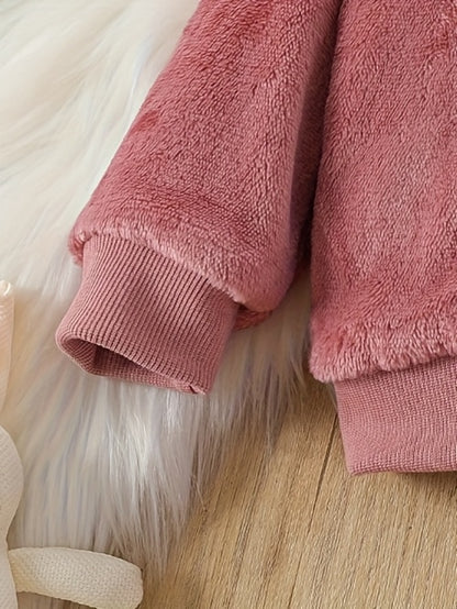 Adorable Cartoon Rabbit Embroidered Two-Piece Set for Youngsters - Soft Coral Fleece Outfit with Matching Pants, Perfect for Fall/Winter Casual Wear, Youngsters'S Playwear|Playful Design|Stretchy Fabric, Youngsters Girl Cloth