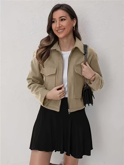 Women'S Olive Green Bomber Jacket with Zipper Front, Long Sleeves, and Pockets - Casual Style, All-Season Wear, Polyester Blend, Machine Washable, Casual Outerwear | Zippered Jacket | Polyester Blend Jacket, High Neck Hoodie/