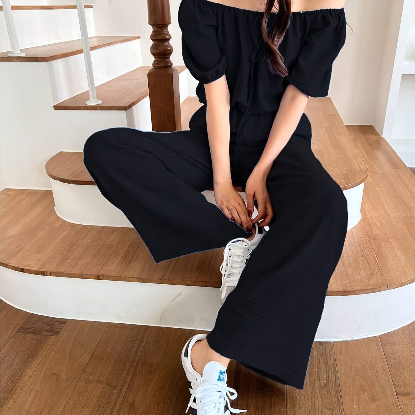 Women's Summer Solid Color Off-Shoulder Puff Sleeve Crop Top and Loose Wide-Leg Pants Two-Piece Set - ayq