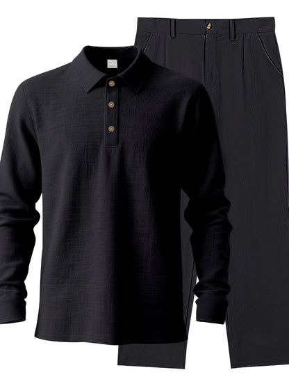 Men's Linen Casual Suit Set with Lapel Shirt & Trousers