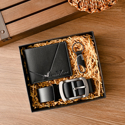 Men's Belt 3pcs Set, Stylish Business Wallet + Belt + Keychain Gift Box Combo, Perfect for Holidays and Office Wear, Ideal Present for Family, Loved Ones, Friends