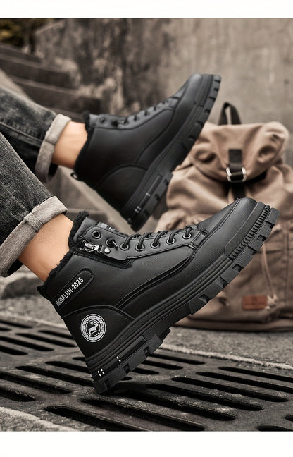 Men's Vintage Casual Fleece-Lined Snow Boots - Brown Faux Cover with Black Accents, Lace-Up Design, Thick PVC Sole for Winter & Fall, Round Toe Comfort, Everyday Winter Footwear, Winter Boots,  Style Boots, Durable Winter Foo