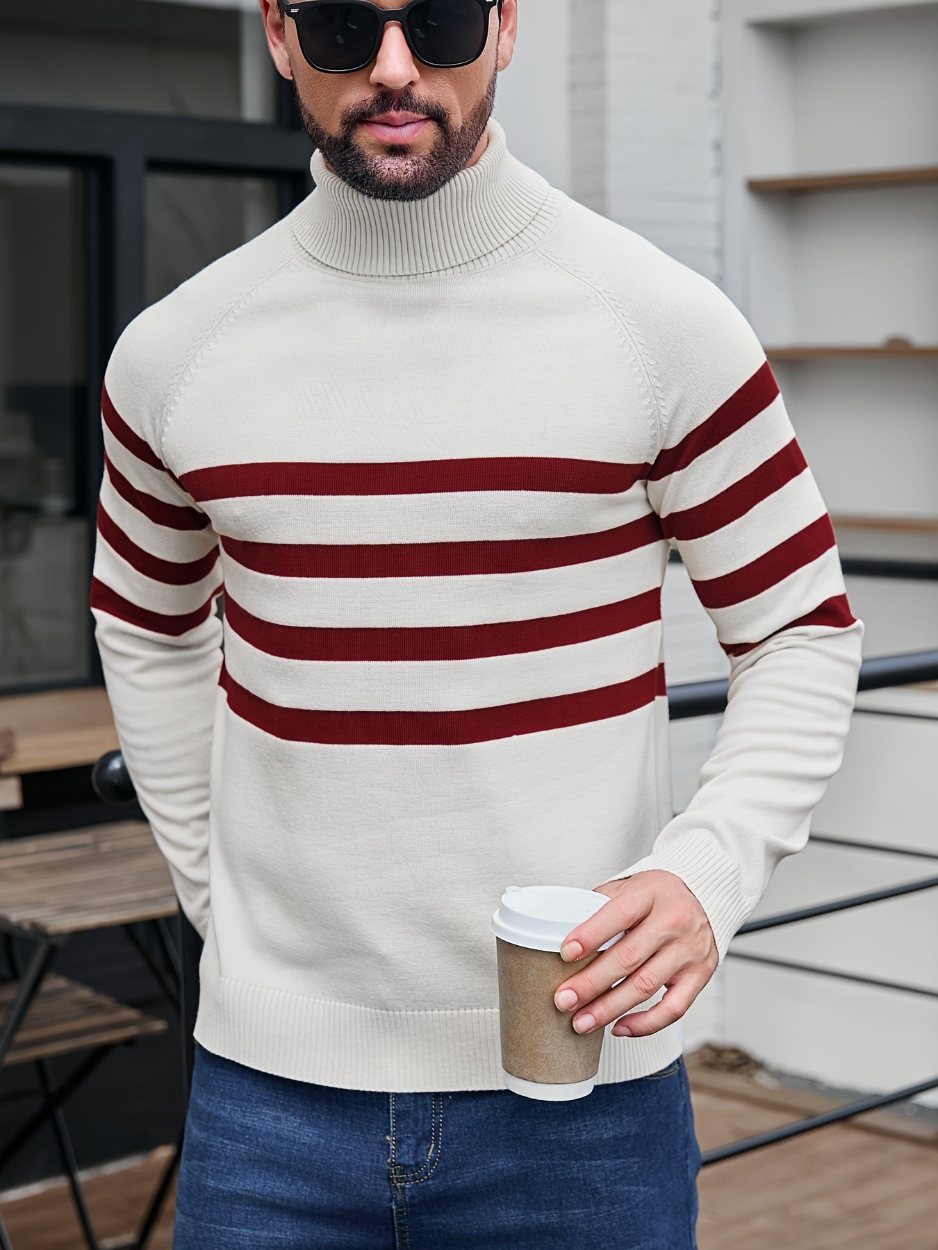 Men's High Neck Long Sleeve Striped Contrast Color Pullover Sweater - ayq
