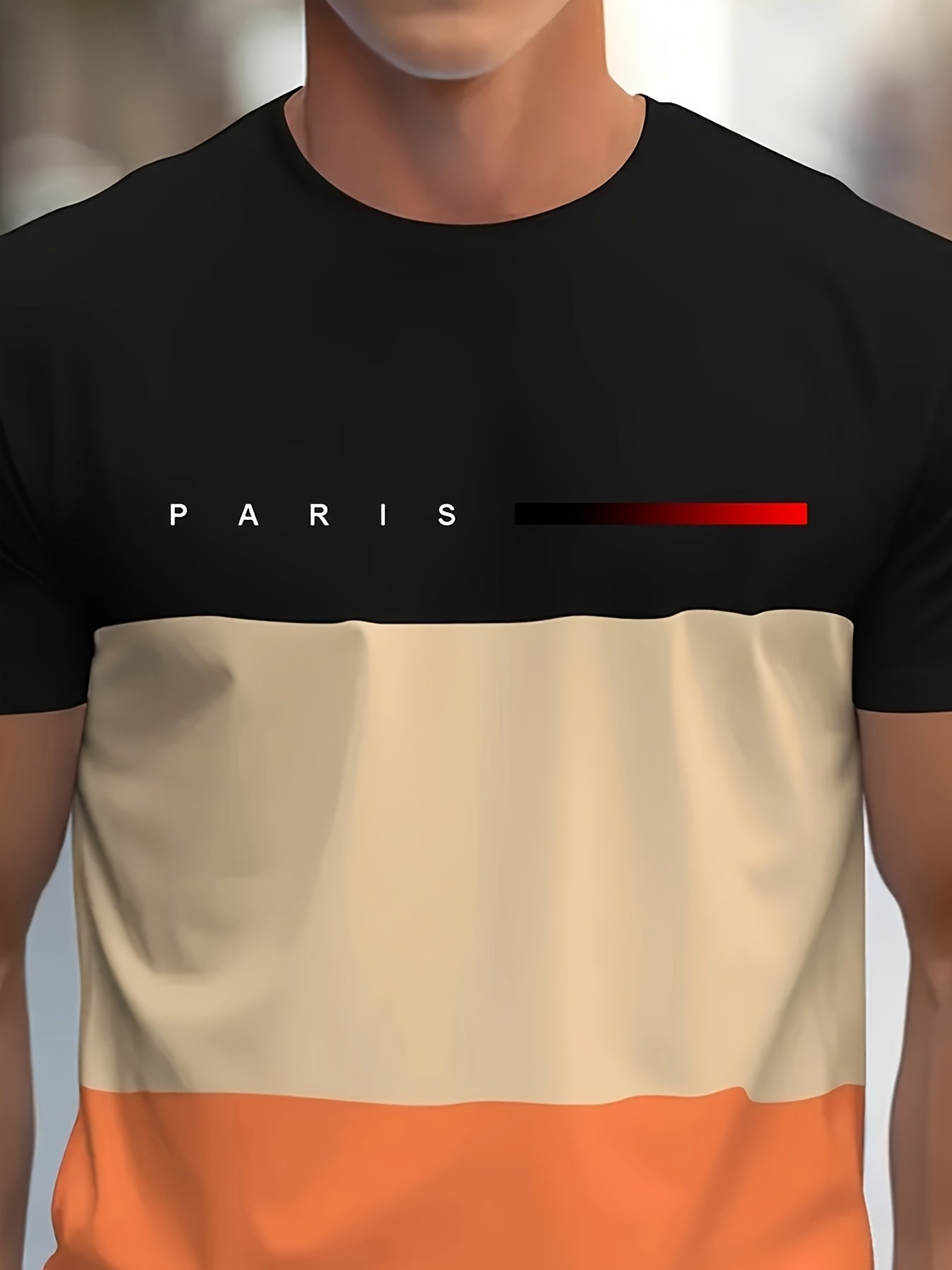 Men's Casual Crew Neck T-Shirt with Paris Print, Short Sleeve Knit Polyester Blend Top for Spring/Summer Outdoor Activities, Tee Shirts