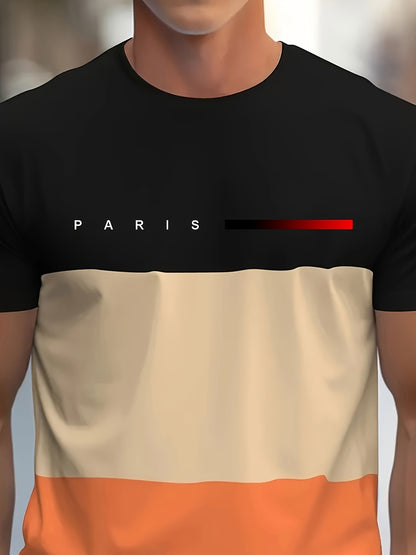Men's Casual Crew Neck T-Shirt with Paris Print, Short Sleeve Knit Polyester Blend Top for Spring/Summer Outdoor Activities, Tee Shirts