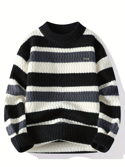 Աշնանային և ձմեռային նոր տղամարդկանց ոլորված շերտավոր կլոր վզնոցով տրիկոտաժե սվիտեր միջին տարիքի հարմարավետ տաք վերնաշապիկի համար