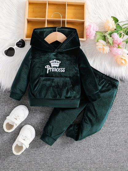 Girls' Long Pants Set, Burgundy Hooded Sweatshirt & Sweatpants, New Autumn Winter Warm Pullover Top, Fabric Two-Piece Set, Princess English Letter Embroidery with Pockets, Festive Holiday Outfit for Baby Girls, Perfect for Ou