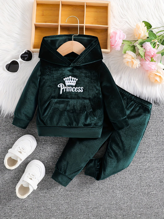 Girls' Long Pants Set, Burgundy Hooded Sweatshirt & Sweatpants, New Autumn Winter Warm Pullover Top, Fabric Two-Piece Set, Princess English Letter Embroidery with Pockets, Festive Holiday Outfit for Baby Girls, Perfect for Ou