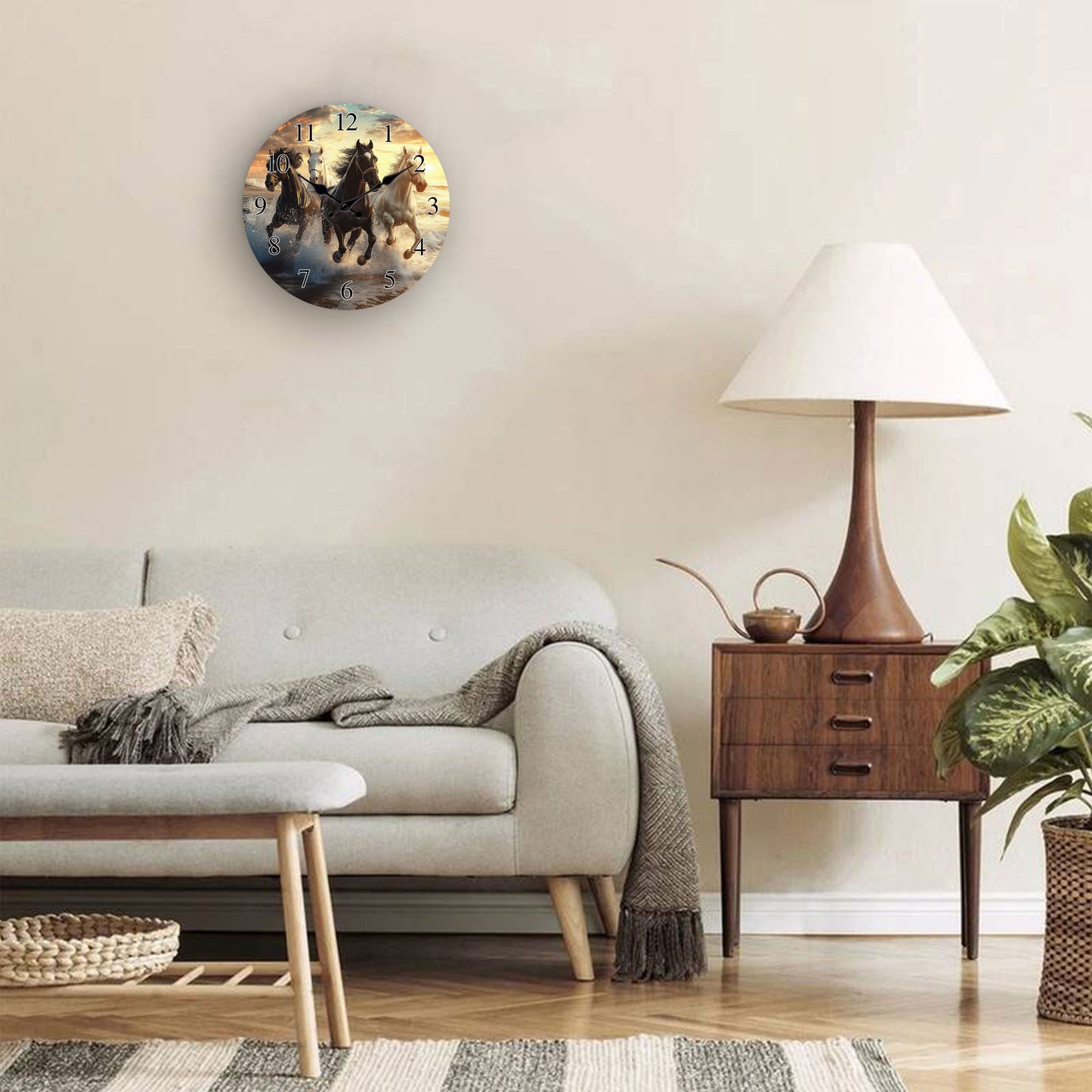 One piece, wooden wall clock with running horses pattern design, modern wall aesthetic decorative art wall clock, silent, suitable for living room, bedroom, kitchen, office decoration, home decoration, ideal Christmas, New Ye