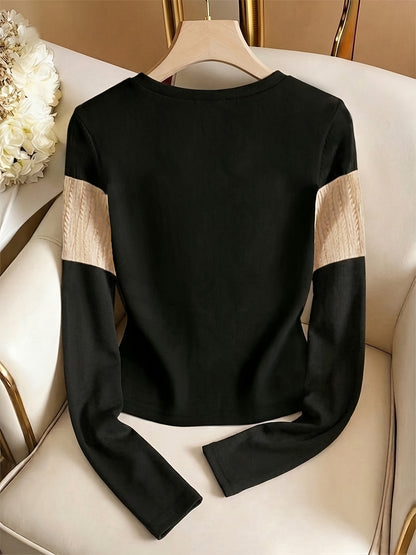 Women's Elegant Color-Block Long Sleeve Crew Neck Top