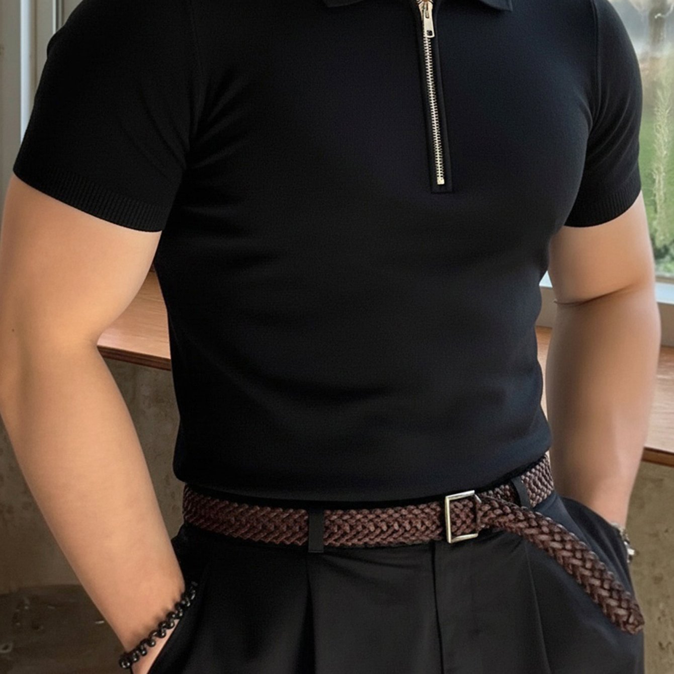 Men'S Short Sleeve Knit Polo Sweater with Lapel Collar and Zipper | Casual Solid Color Top, Slight Stretch Fabric, Ideal for Beach, Going Out, and Casual Occasions - ayq