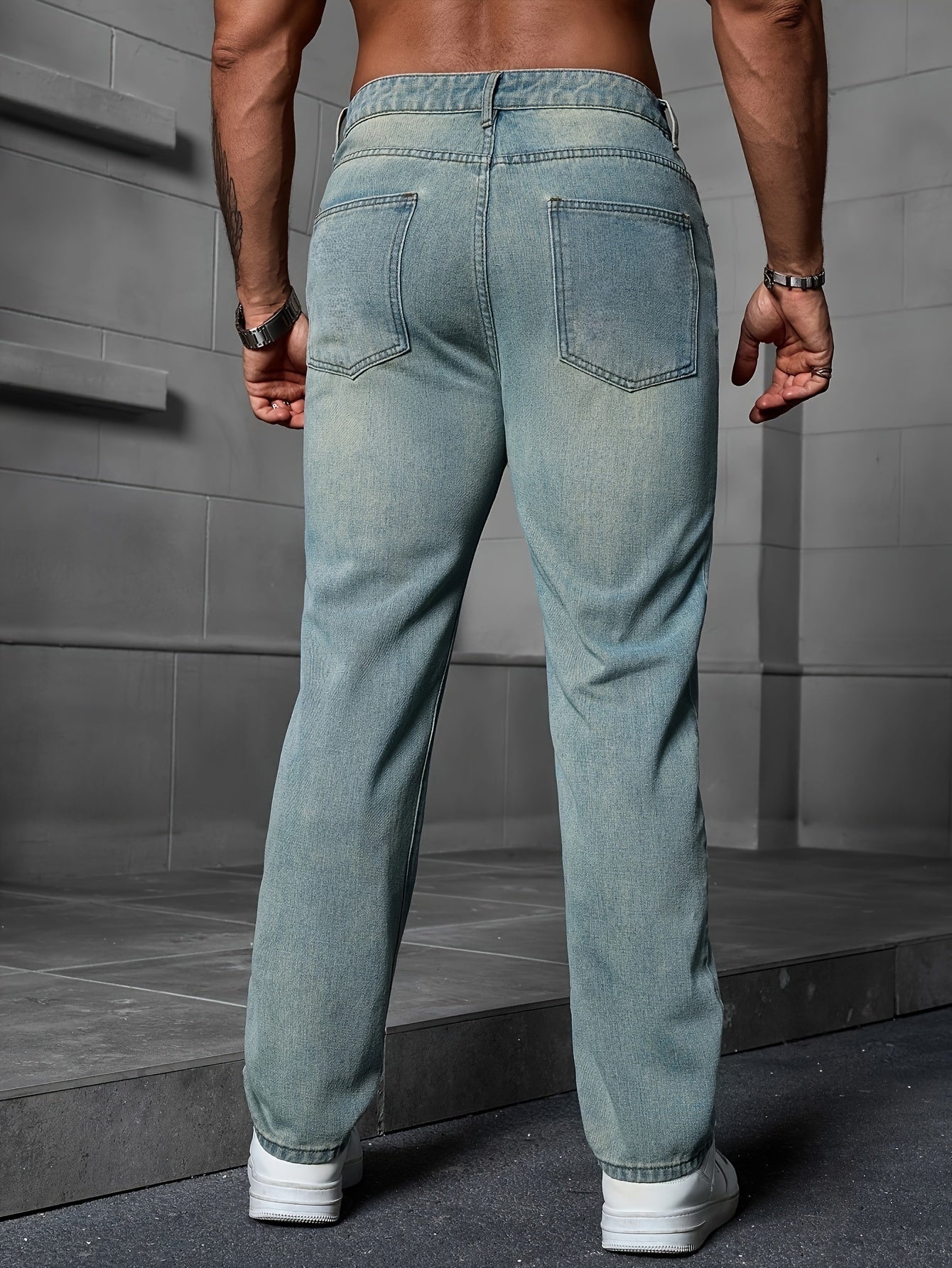 Men's Regular Fit Distressed Denim Jeans - Light Grey, Blend, Machine Washable, Year-Round Comfort & Style