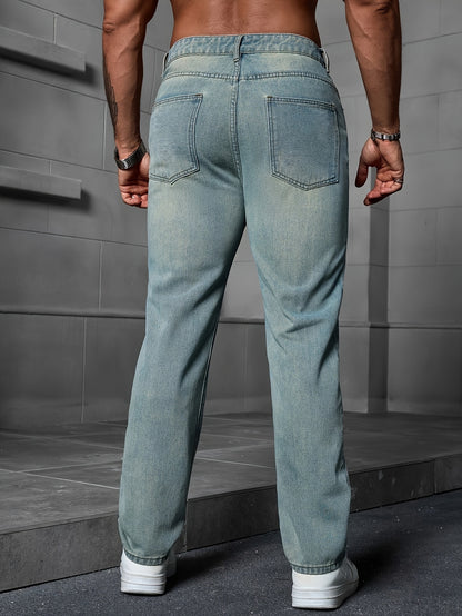 Men's Regular Fit Distressed Denim Jeans - Light Grey, Blend, Machine Washable, Year-Round Comfort & Style