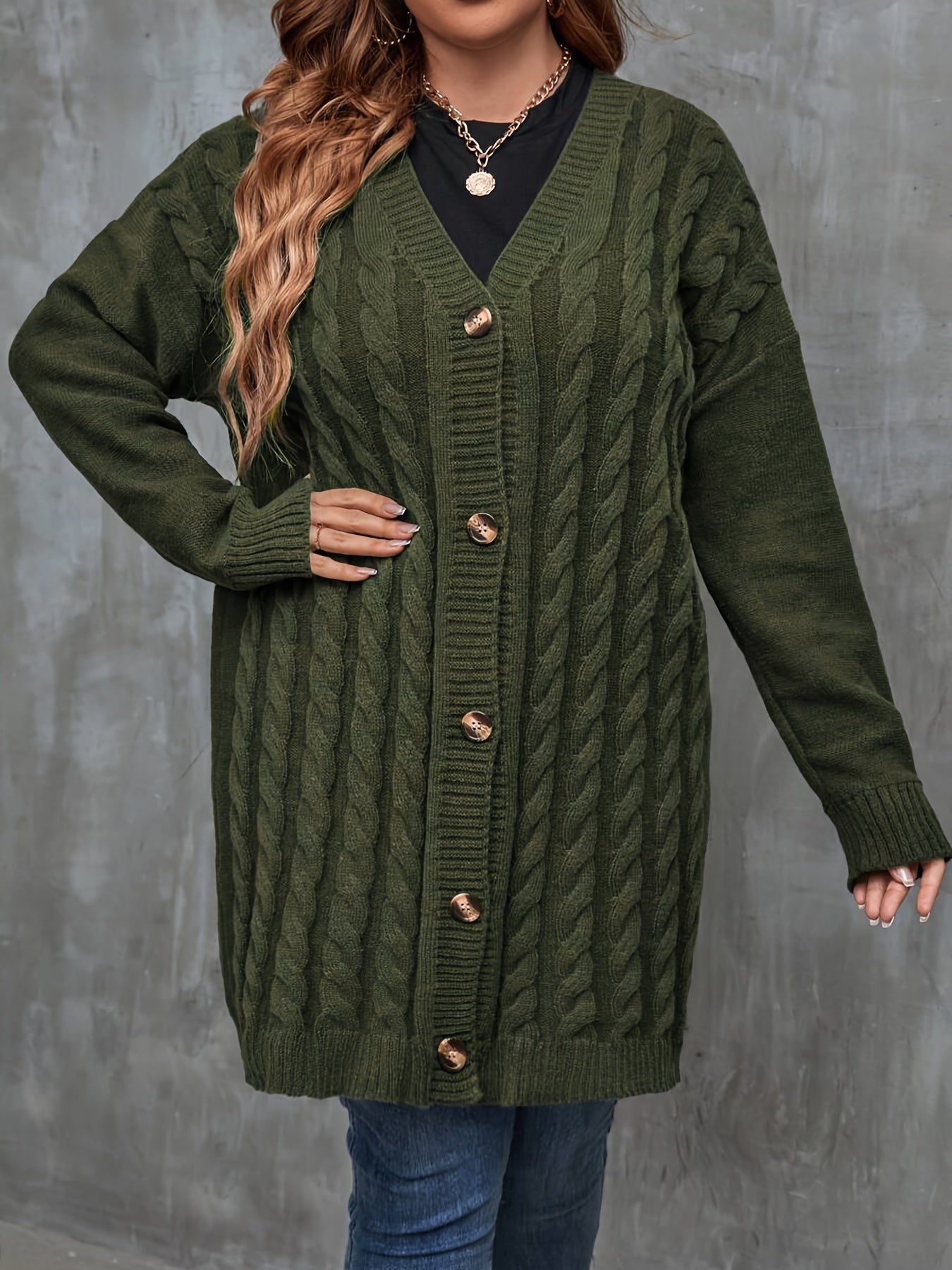 Women's Casual Long Knit Cardigan - Cozy Drop Shoulder, Thick Cable Knit Sweater with Buttons, V-Neck, Olive Green, Fall/Winter Fashion Outerwear, Cozy Autumn Apparel | Buttonfront Cardigan | Stylish Casualwear