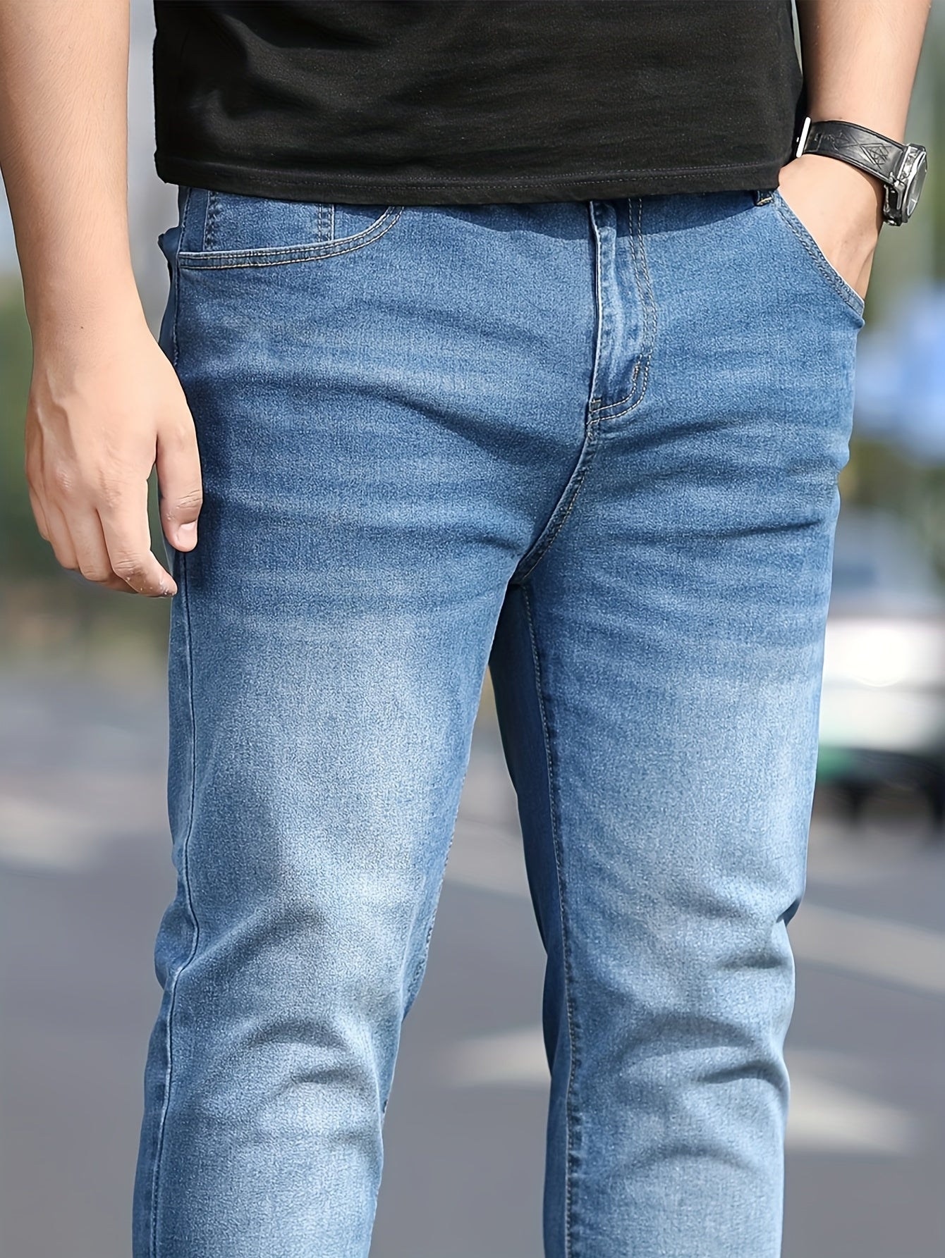 Men's Washed Jeans - Solid Color Casual Straight-Look Pants, Machine-Washable All-Season Fit for Casual Attire & Smart-Casual Outfits (Regular Length) - ayq