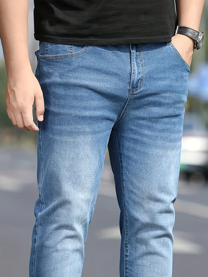 Men's Washed Jeans - Solid Color Casual Straight-Look Pants, Machine-Washable All-Season Fit for Casual Attire & Smart-Casual Outfits (Regular Length) - ayq