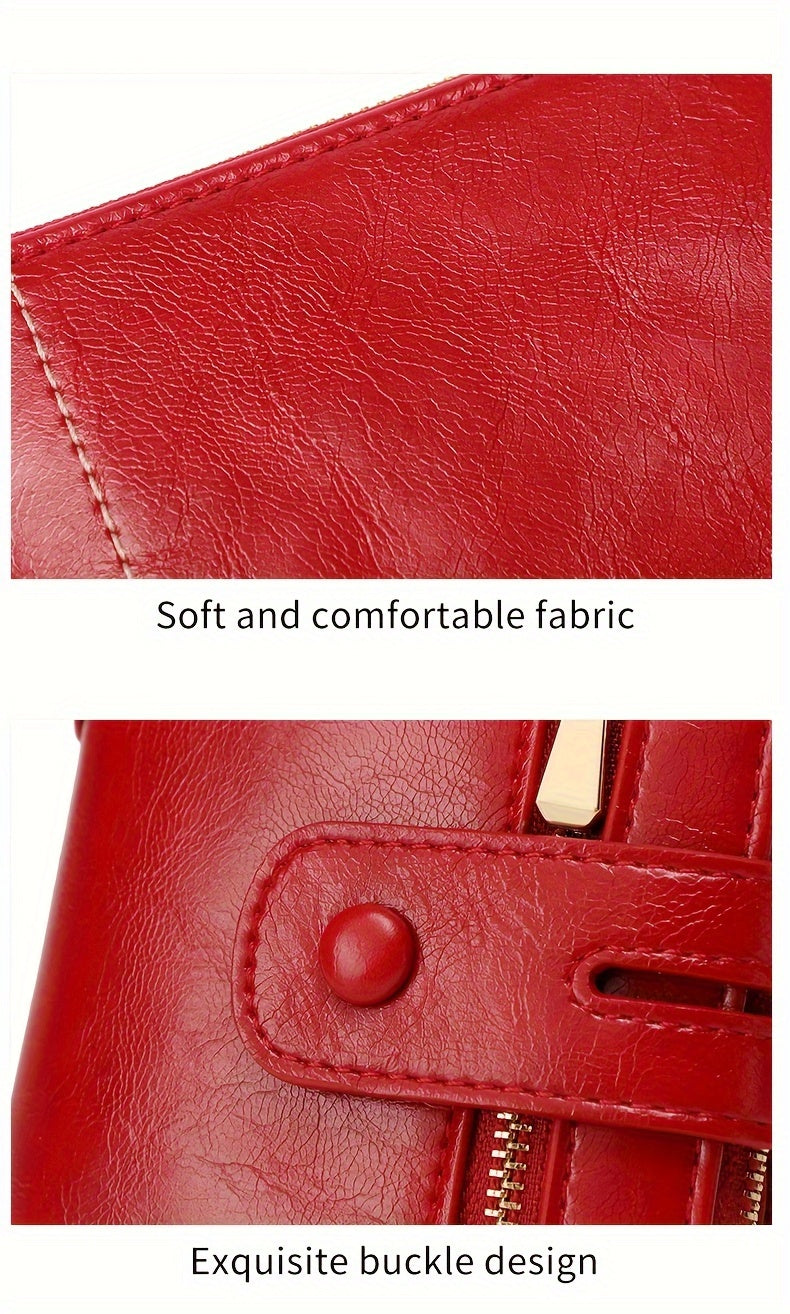 MIYIN Women'S & Men'S Red Bifold Wallet with Anti-Theft Chain Lock, Golden-Tone Hardware & Removable ID Window - Multi-Compartment Organizer with Card Slots