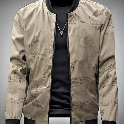 Men'S Lightweight Preppy Bomber Jacket with Feather & Star Print, Stand Collar, Zip-Up, Loose Fit, Polyester Lining, Casual Streetwear Style, Casual Outerwear | Star Pattern Jacket | Zippered Jacket